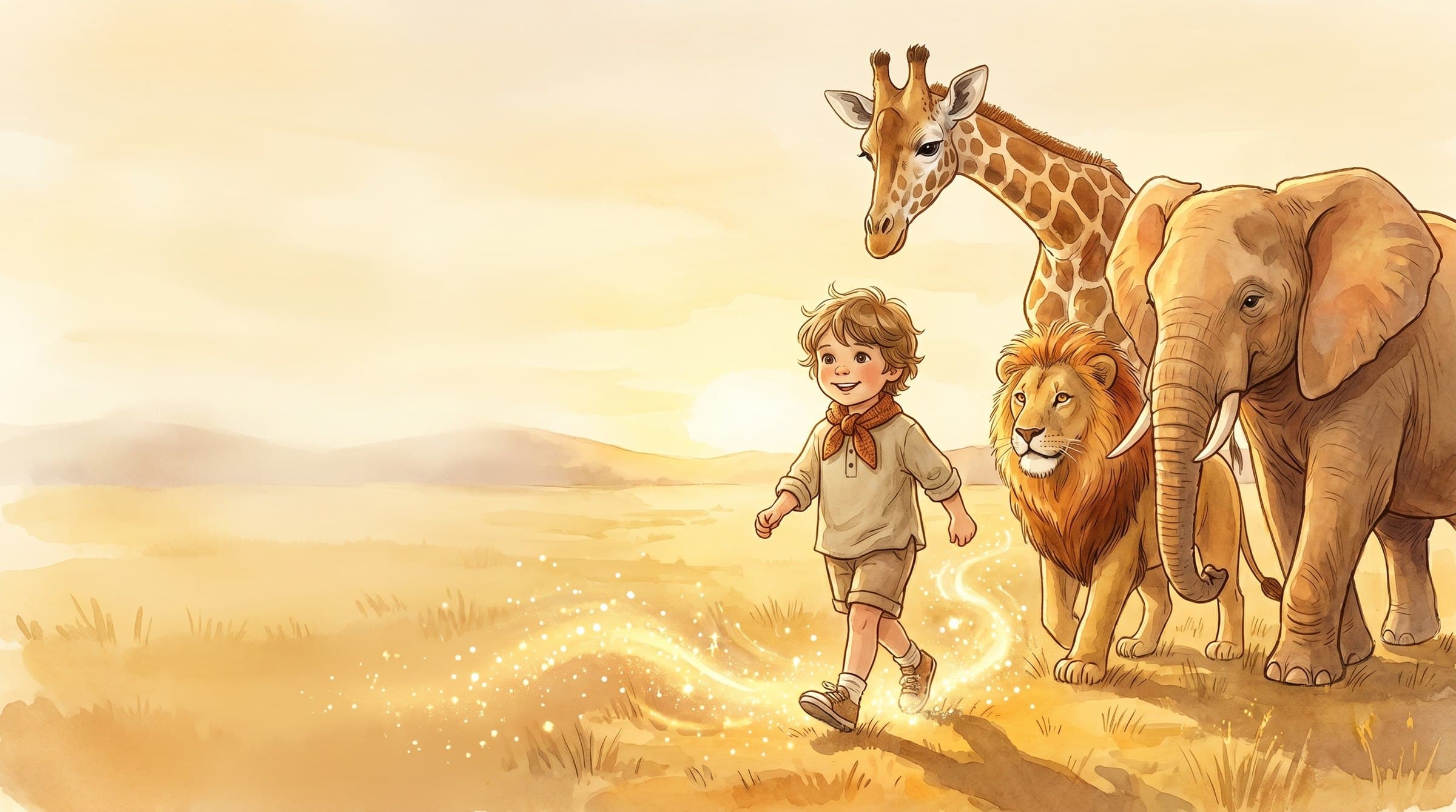 Enfant héros d'un livre d'aventure personnalisé Napoolo, entouré d'animaux du safari