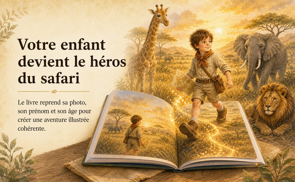 Enfant héros dans un livre d'aventure Safari Napoolo